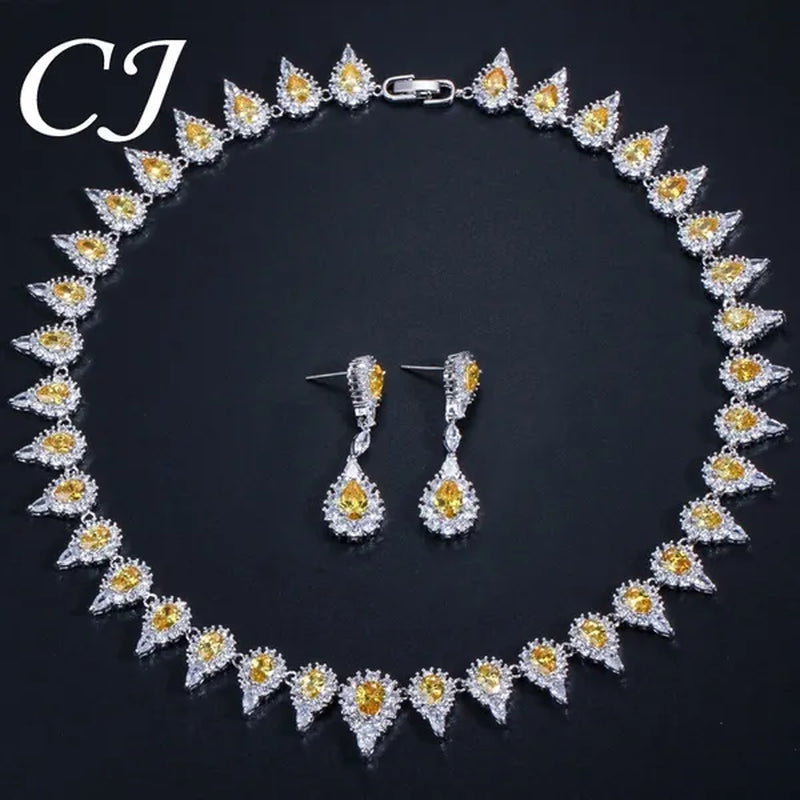 CANDICE Stunning Pave Yellow Citrine Luxury Jewelry Pear Shape CZ Crystal Choker Necklace And Earrings Bride Set for Women Party Wedding Accessories