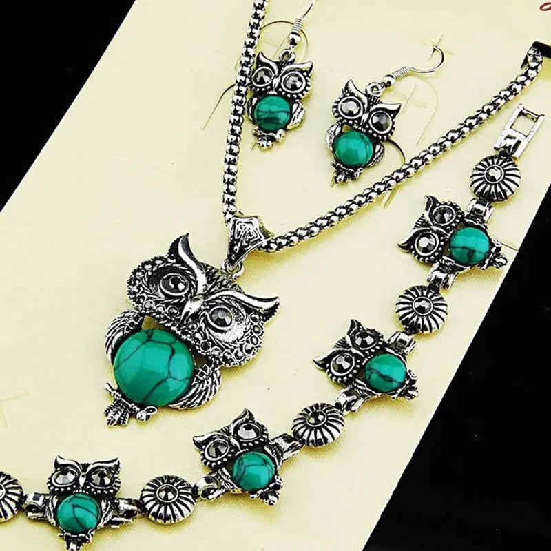 2015 New Charms Owl Natural Black Stone Antique Silver P Earrings Necklace Bracelet Vintage Womens Jewelry Set 1093