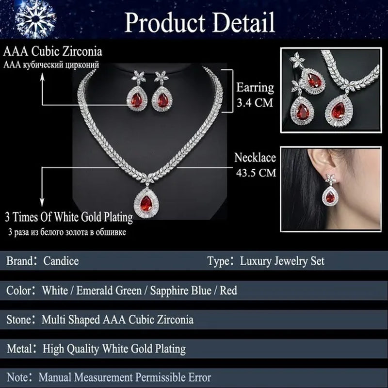CANDICE Luxury Bridal Red CZ Stone Costume Jewelry Sets Pear Drop Red Zirconia Party Necklace Earrings Set for Women Wedding