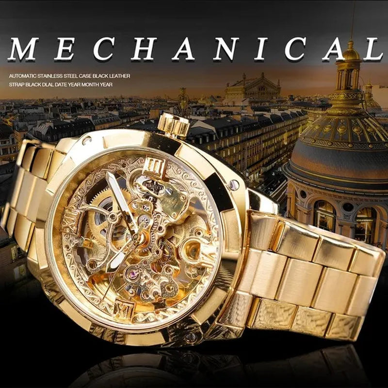 FORSINING New Top Quality Men Luxury Skeleton Automatic Winding Mechanical Watches Gold Stainless Steel Waterproof Wristwatch with Gift Box