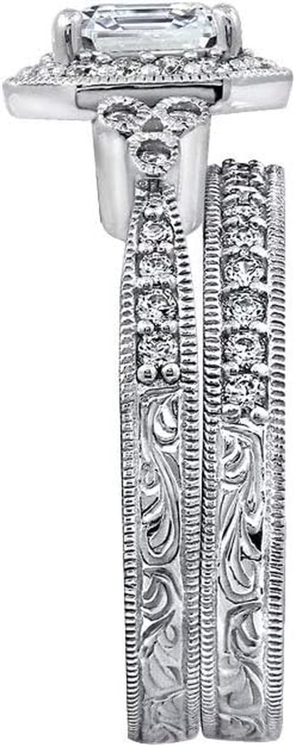 Platinum or Gold Plated Sterling Silver Antique Ring Set with Asscher-Cut Infinite Elements Cubic Zirconia (Previously Amazon Collection)