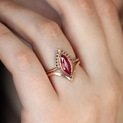 Unique Natural Rhombus 2 in 1 Ruby Engagement Ring Marquise Bridal Wedding Ring with Black Diamonds Women Ruby Ring Diamond Fine Jewelry Set （Size 5-11）
