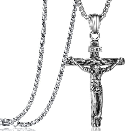 Jesus Christ on INRI Crucifix Cross Pendant Necklace for Teens Womens Mens with 24 Inch Stainless Steel Chain