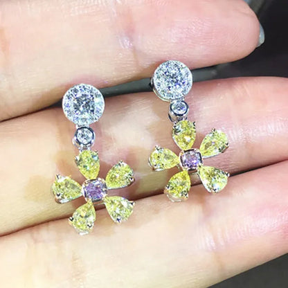 Charming Citrine Topaz Flower Dangle Earrings for Women Party Silver Plated Diamond Earrings Jewelry Gifts