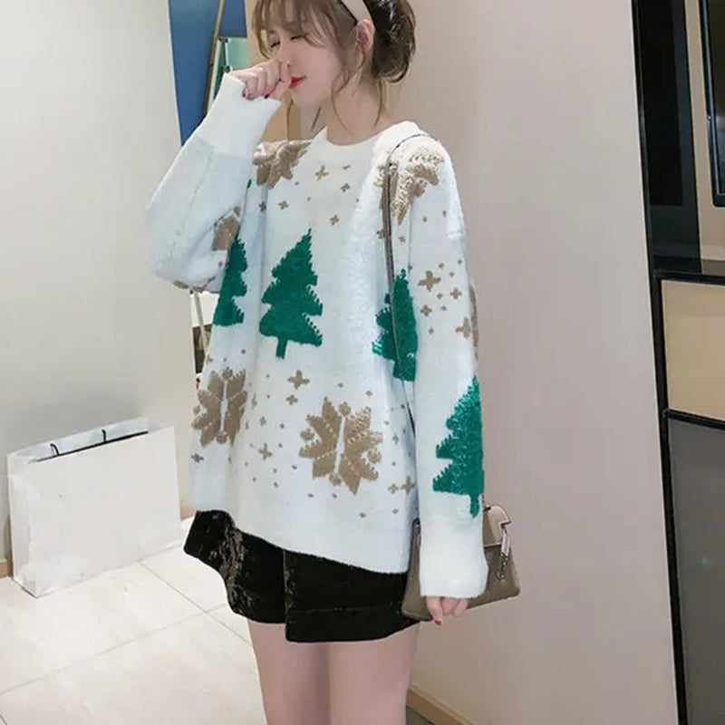 VANGULL Brand Women Christmas Snowflake Pullover Sweater Autumn Winter Thicken Casual Soft Loose round Neck Long Sleeves Knitted Top