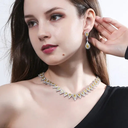 CANDICE Stunning Pave Yellow Citrine Luxury Jewelry Pear Shape CZ Crystal Choker Necklace And Earrings Bride Set for Women Party Wedding Accessories