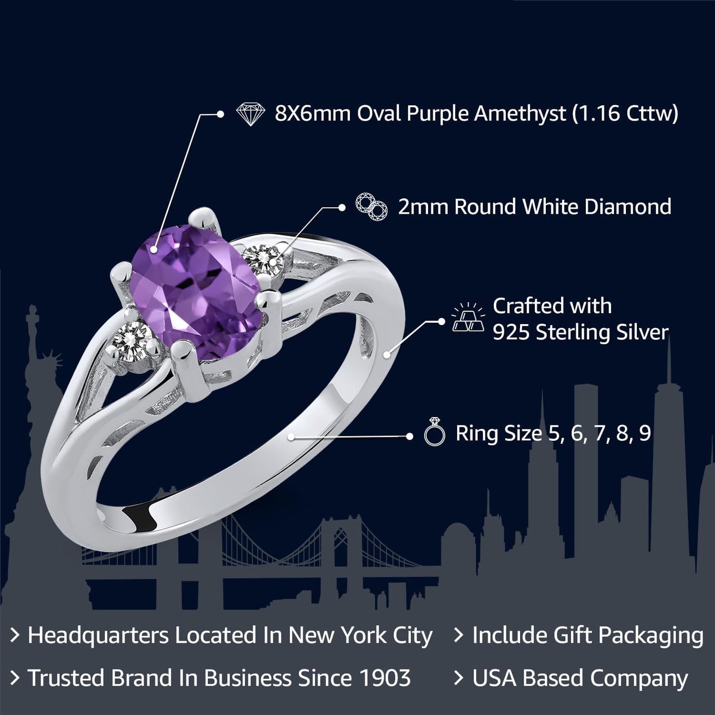 925 Sterling Silver Purple Amethyst and White Diamond 3 Stone Engagement Ring for Women | 1.16 Cttw | Oval 8X6MM | round 2MM | Gemstone February Birthstone | Available in Size 5,6,7,8,9