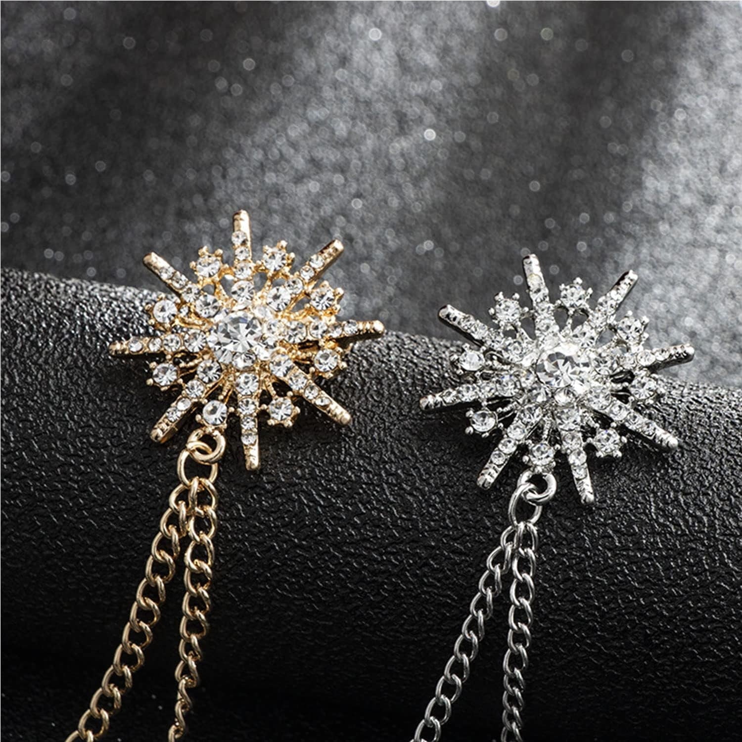 Snowflake Rhinestone Brooches, Hanging Chain Tassel Badge, Gold Silver Snowflake Long-Chain Brooches Shirt Collar Lapel Pin for Men Women Suit Accessories Stage Jewelry