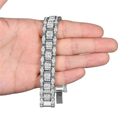 Fashion Men 24K Gold / 925 Silver Plated Solid Stainless Steel Bracelet Iced Diamond Link Chain Bracelet 8.26 Inch Gifts for Men