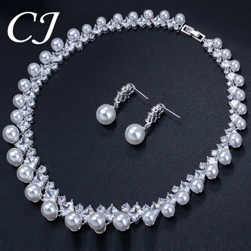 CANDICE High Quality White Gold Plating Square CZ Stone With White Pearl Luxurious Bridal Jewelry Wedding Choker Necklace and Drop Earrings Sets for Brides Dress Accessories