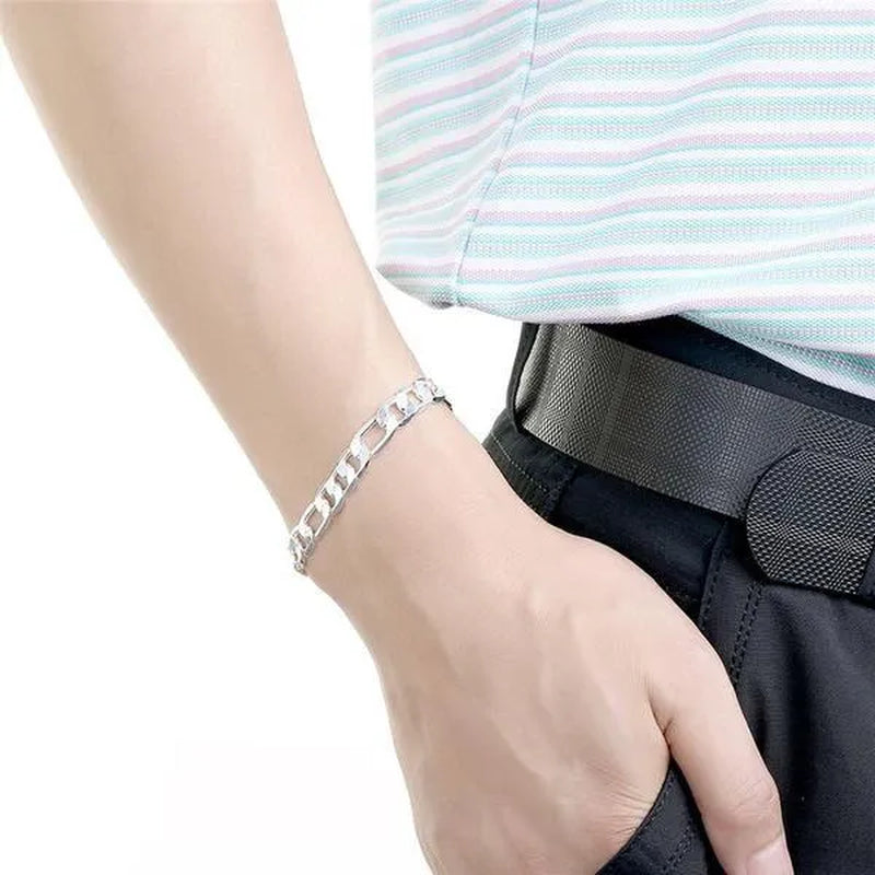 2pcs/Set(Bracelet+Necklace) Charm Men Women Figaro Curb Link Chain Bracelet Necklace Fashion 925 Sterling Silver Exquisite Jewelry Gifts