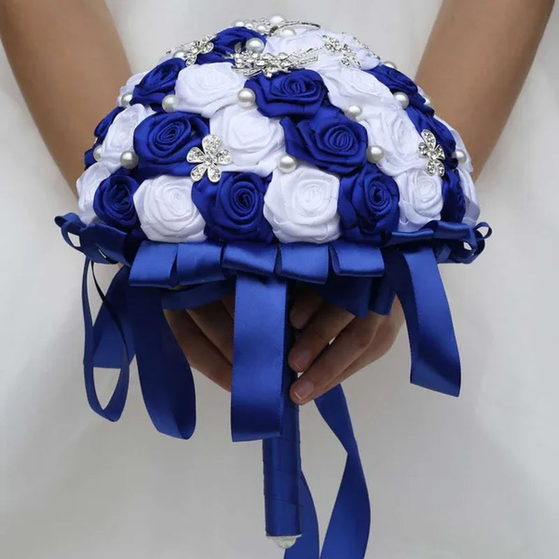 24Cm 10 Styles Can Choose Royal Blue Silver Brooch Wedding Bouquets Silk Rhinestone Artificial Rose Flowers Bridesmaid Mariage Bouquets Wedding Accessories W125