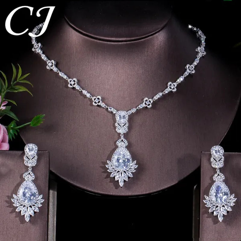 CANDICE White Gold Plated Marquise Cubic Zirconia Bridal Big Drop Earrings Necklace Set For Women Gorgeous Engagement Wedding Jewelry Sets