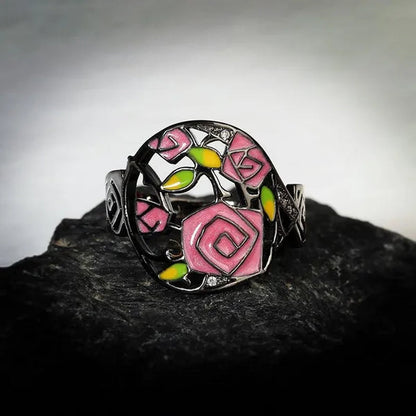 Fashion Personality Black Rose Lady Flower Ring 925 Silver Jewelry Hand-Painted Oil Painting Handmade Enamel Ring Women Jewelry