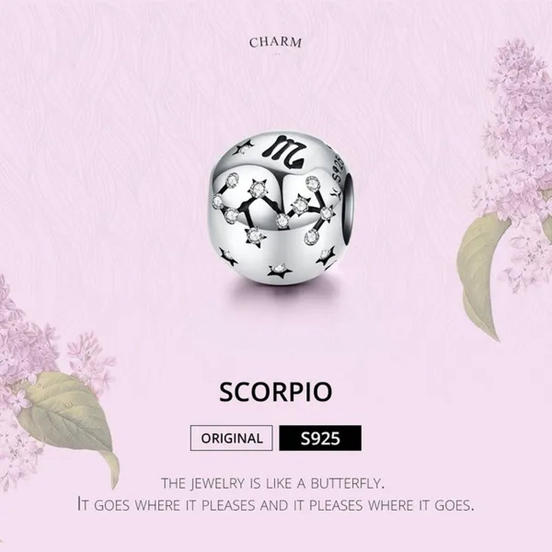 European Hot 12 Constellation Zodiac Round 925 Sterling Silver Beads Charm for Women Bracelet  Shining CZ Charm Fit Original Bangle Necklace DIY Jewelry Making