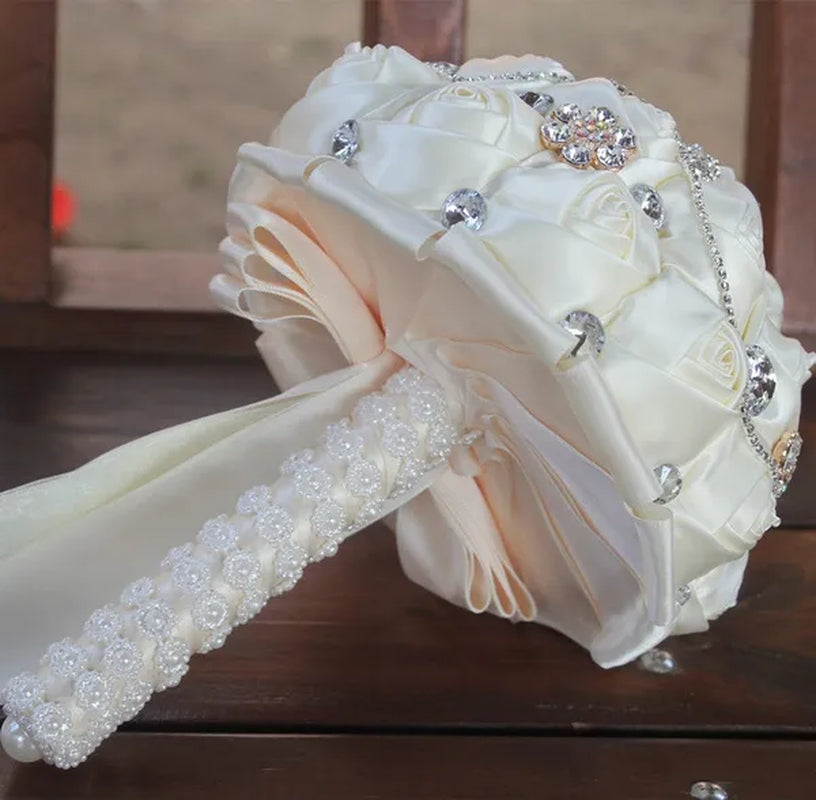 18CM Bride Holding Flowers Shiny Diamond Brooch Pearl Wedding Bouquet Mixed Color Satin Rose Bridesmaid Bouquet Customizable