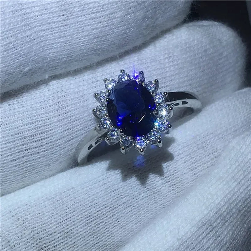 Royal Jewelry Princess Diana Soild Silver Color Ring Sapphire Cz Diamond Engagement Wedding Band Rings for Women Bridal Size 5-11 Bague Femme