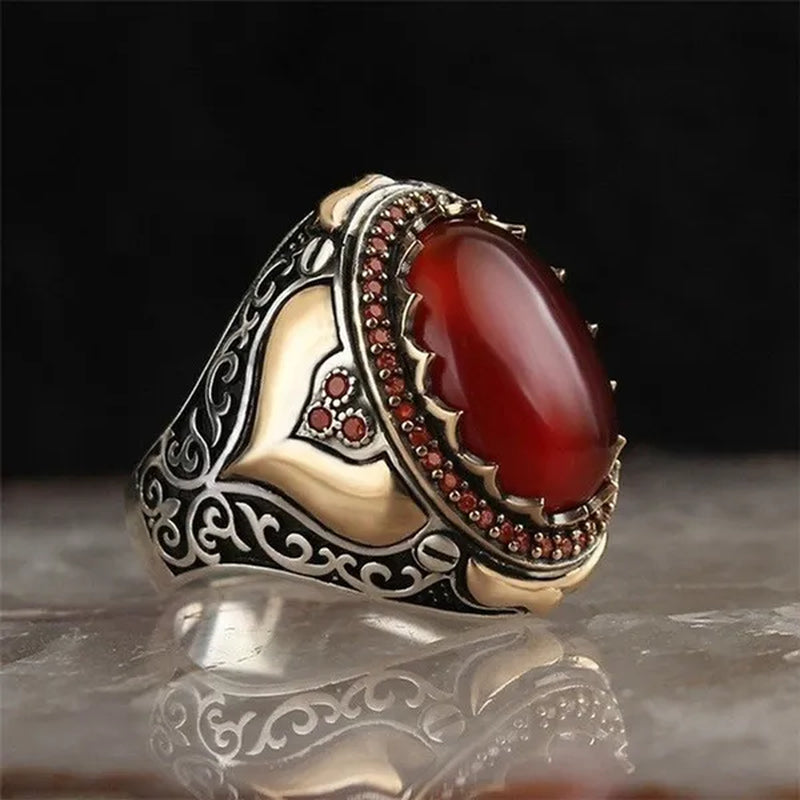 New Retro Two Tone 925 Silver Carved Ruby Inlaid Ring Big Gem Luxury Mens Party Charm Jewelry High Quality Gift