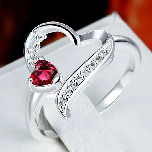 Women 925 Sterling Silver Red Ruby Gemstone Heart Ring Wedding Jewelry New Size 5-10