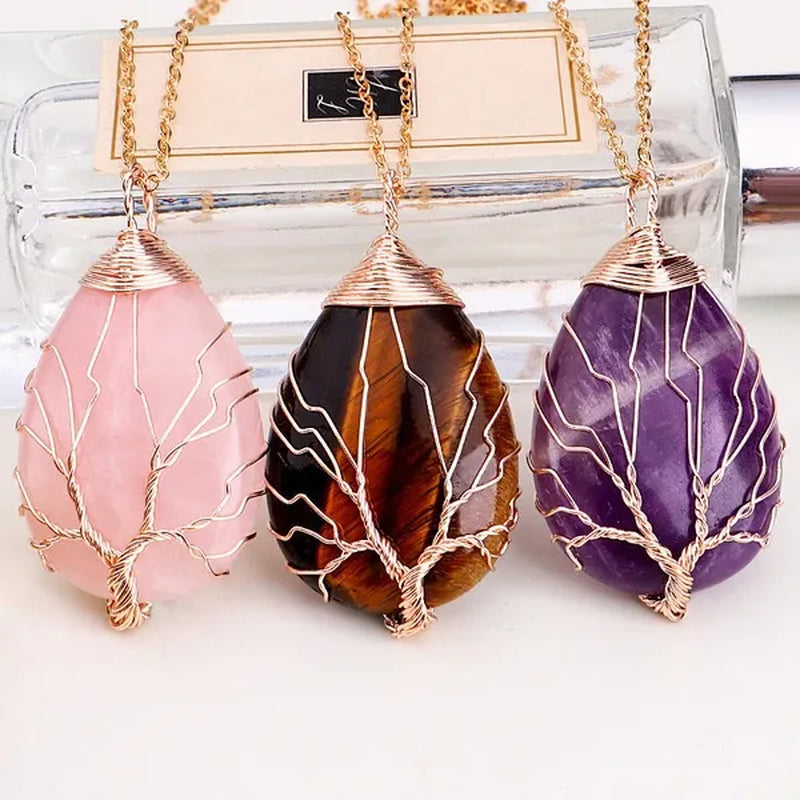 Vintage Natural Gemtone Crystal Amethyst Rose Quartz Tiger Eye Stone Water Drop Tree of Life Pendant Necklace for Women Men Jewelry