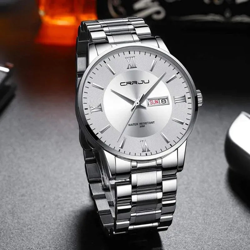 CRRJU Men's Minimalist Leisure Luxury Automatic Dating Watch Fashion Business Japanese Movement Quartz Waterproof Watch Men's Silver Stainless Steel Watch Band