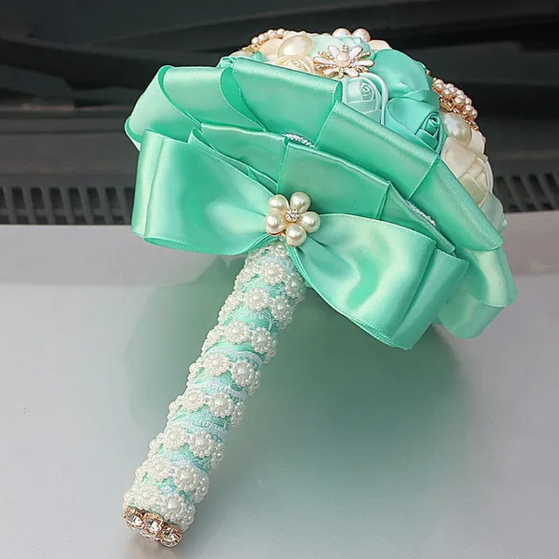 Customizable Mixed Color Silk Rose Wedding Bouquet Fine Pearl Diamond Brooch Bride Holding Flowers Artificial Wedding Flower Bridesmaid Bouquet 4Size