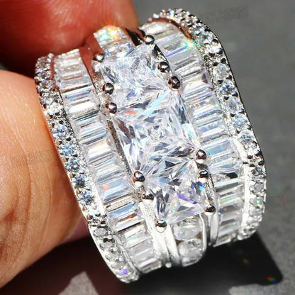 Luxury Silver White Sapphire Flower Ring Natural Gemstones Birthstone Engagement Rings Wedding Anniversary Bride Women Man Princess Cross Ring Size 6 7 8 9 10