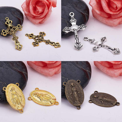 Tibetan Style Rosary Cross Charms and Center Miraculous Medal Easter Vintage Cross Crucifix Pendants Oval Chandelier Links Bronze Connector Charm for Rosary Bead Necklace Making Supplies