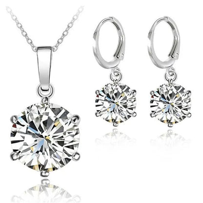 Woman 925 Sterling Silver 8MM Jewelry Sets Cubic Zircon Crystal Lever Back Earrings Pendant Wedding Necklace Nice Gifts 8MM Stone