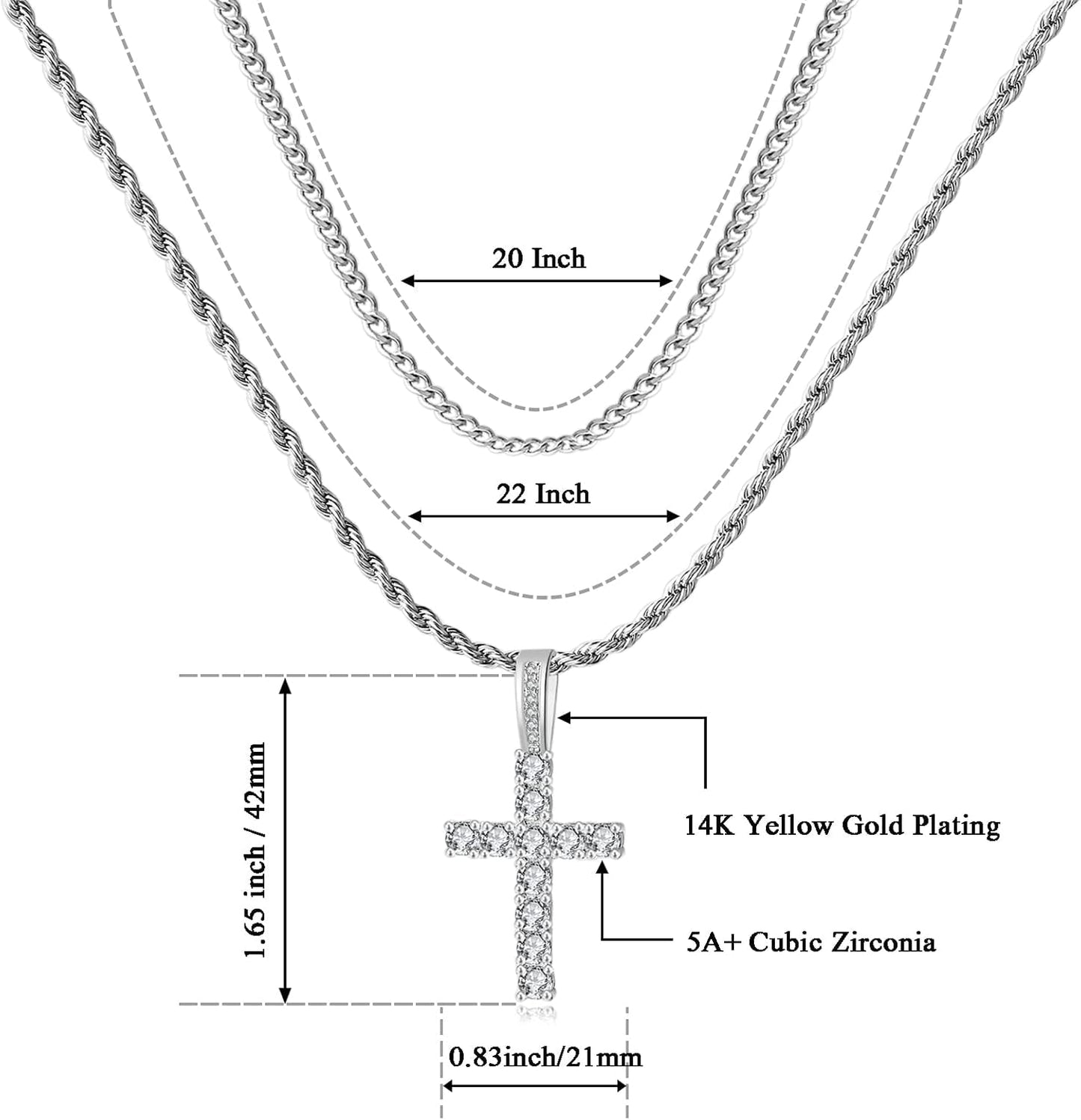 Cross Chain for Men 14K Gold Silver Plated Solid Iced Out 5A+ Cubic Zirconia Stainless Steel Cuban Link Rope Layered Chains 16-24 Inch Large Cross Diamond Pendant Nceklace Jewelry Gifts