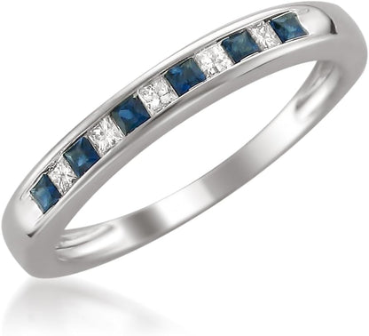 1/3 Carat Diamond, Channel-Set 14K White Gold Princess Cut Diamond and Blue Sapphire Wedding Band Ring (H-I, I1-I2) Natural Diamond Wedding Band for Women | Gift Box Included