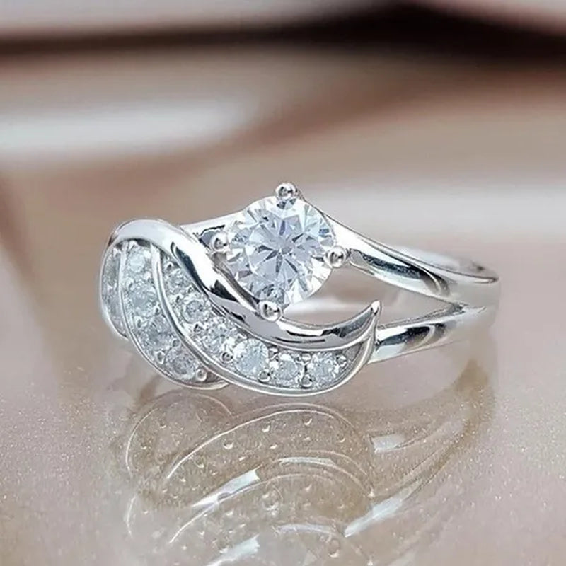 Gold&White Sapphire Angel Wings Charming Diamond Princess Ring Romantic Bride Proposal Eternity Ring Anniversary Christmas Gift for Girlfriend Mother's Day Gift Jewelry Size 5-11