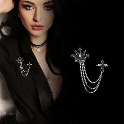 Cross Crown Long Chain Brooch for Men'S Rhinestone Tassel Brooch Pin Coat Tassel Chain Lapel Pins Suit Accessories
