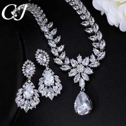 CANDICE Hand-Inlay Sparkling AAA+ CZ Stone Luxury Wedding Bridal Jewelry Set Classic Platinum Plated Water Drop Pendant Necklace Earrings for Women Party