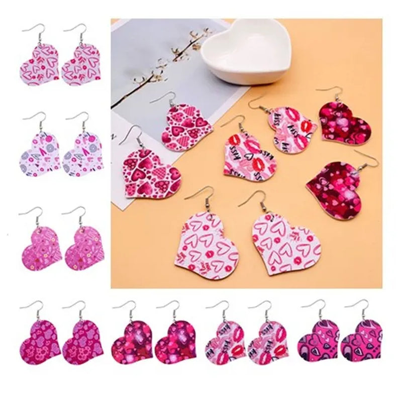 Europe and America 2021 New Valentine'S Day Leather Heart-Shaped Love Red Lips Double-Sided Printing PU Earrings
