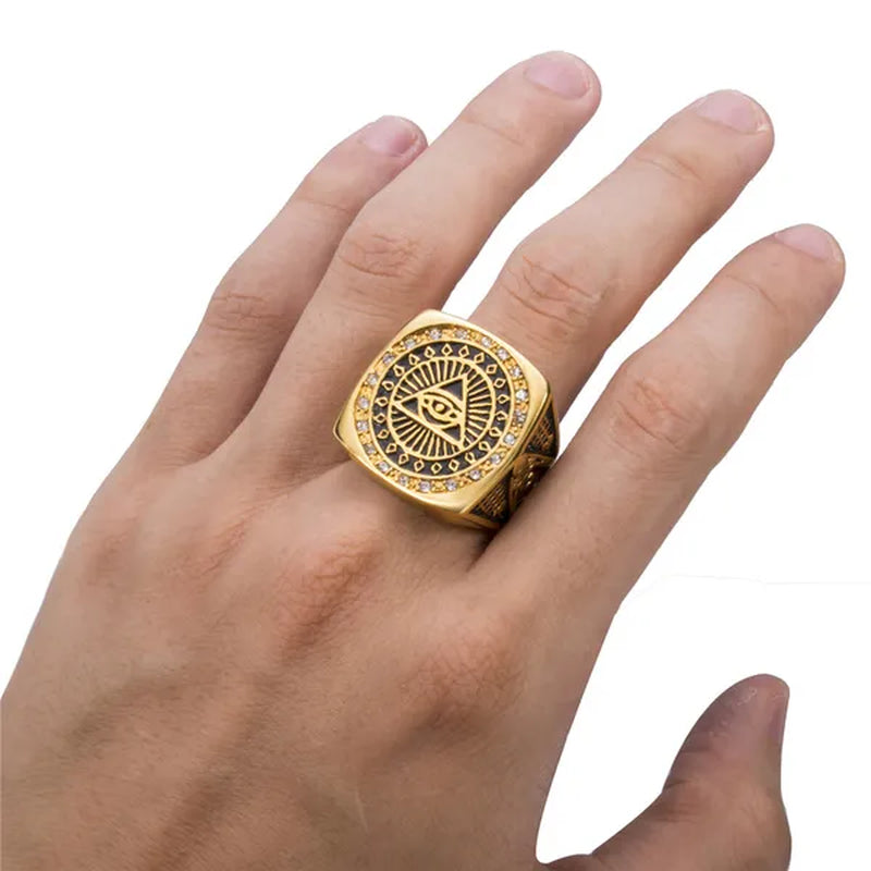 Mens Stainless Steel Gold Ring CZs Illuminati The All-seeing-eye Eye of Providence Symbol Hip hop Jewelry Size 8-13