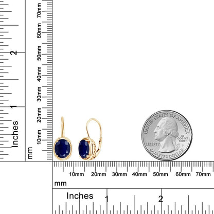 18K Yellow Gold Plated Silver Blue Sapphire Earrings | Oval 9X7MM Dangle Earrings for Women | 5.00 Cttw | Gold Earrings for Women