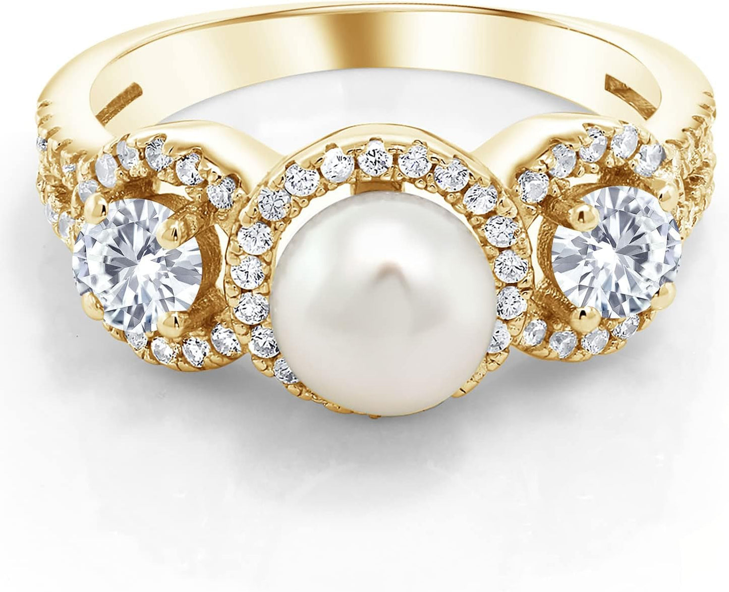 18K Yellow Gold Plated Silver Cultured Freshwater Pearl Ring Set with Moissanite (1.26 Cttw)