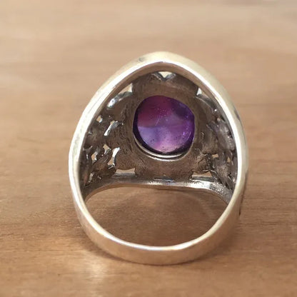 Exquisite Woman Fashion Vintage Wide Edge Engraved Flower Ring Natural Amethyst Gemstone Ring Engagement Party Bride Wedding High Jewelry Christmas Valentine'S Day Gift Ring Size US4-12