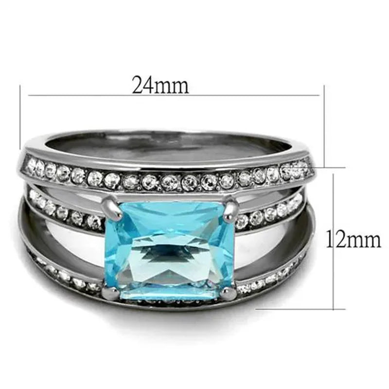 Women'S Stainless Steel 4.07Ct Emerald Cut Sea Blue Crystal Cocktail Ring Size 5-10