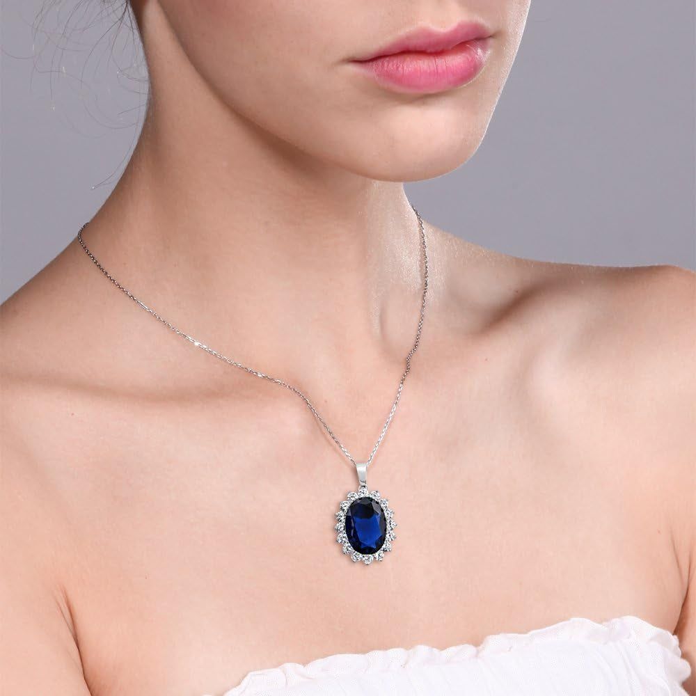 925 Sterling Silver Blue Simulated Sapphire Pendant Necklace for Women | 13.00 Cttw | Oval 13X18MM | with 18 Inch Silver Chain