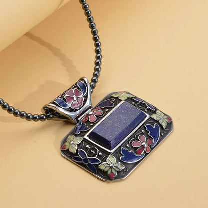 Shop LC Lapis Lazuli Enameled Stainless Steel Pendant with Hematite Beads Necklace 18" Fashion Bridesmaids Delicate Gift for Women