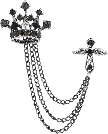 Cross Crown Long Chain Brooch for Men'S Rhinestone Tassel Brooch Pin Coat Tassel Chain Lapel Pins Suit Accessories
