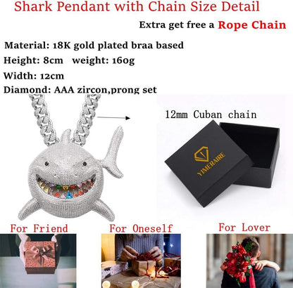 Hip Hop Jewelry 18K Gold Plated 3D Large Shark Pendant Iced Out Premium Zircon Fish Animal Creative Necklace with Free Rope Chain
