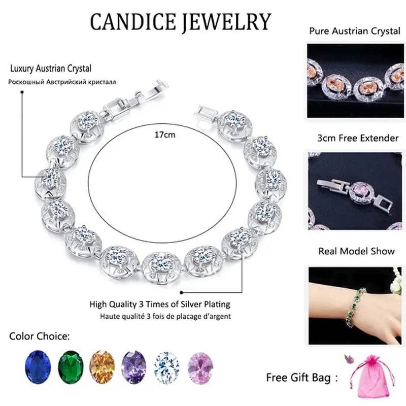 CANDICE Silver Plated Link Chain Bracelets Round Green Crystal Fashion Jewelry For Lady（Extended Clasp）