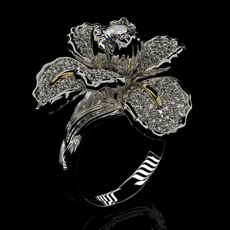 Silver Ring Iris Flower Two Tone Ring Blue Sapphire Flower Engagement Cocktail Ring Statement Crown Ring Natural Gemstones Ring Wedding Bride Engagement Band Charm Party Ring Jewelry
