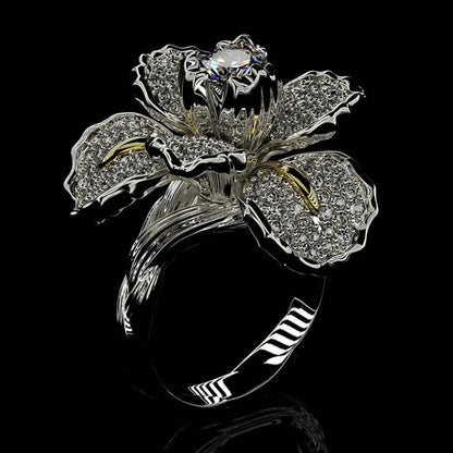 Silver Ring Iris Flower Two Tone Ring Blue Sapphire Flower Engagement Cocktail Ring Statement Crown Ring Natural Gemstones Ring Wedding Bride Engagement Band Charm Party Ring Jewelry