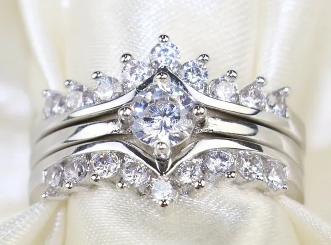 Round 5Mm 1CT CZ Bridal Sets 10KT White Gold Filled Women'S Wedding Ring 3 in 1 Band Gifts Sz 5-10