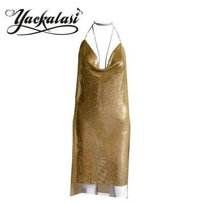 Club Women Party Dress Kendall Jenner Metal Mesh Spaghetti Strap Sheath Draped Hollow Out Spark Diamonds Neck Halter