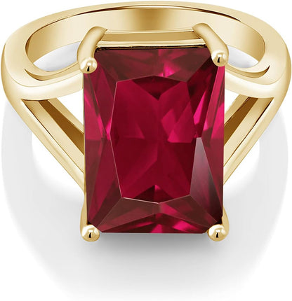 18K Yellow Gold Plated Silver Emerald Cut Created Ruby Solitaire Ring for Women (8.00 Cttw Available in Size 5, 6, 7, 8, 9)